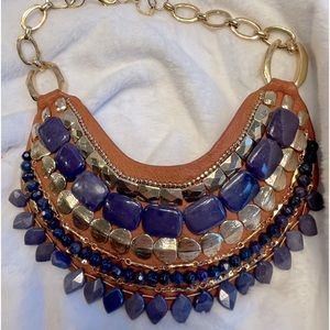 Stella & Dot Rare retired Indra Cobalt, Vintage Gold & Leather statement